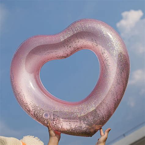 2018 Ins Hot Inflatable Heart Swimming Ring With Glitters Inside Love Ring Swimming Float Heart