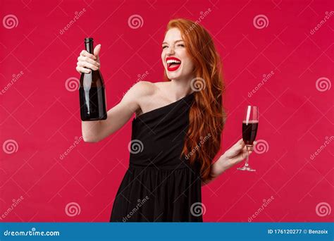 Carefree Excited Beautiful Redhead Woman Celebrating Night Out With Girlfriends Partying On