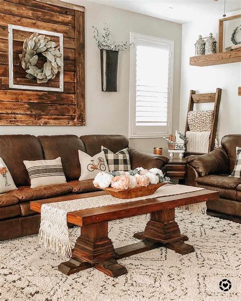 Farmhouse Living Room With Brown Leather Sofas Soul And Lane