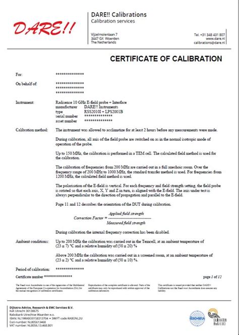 Iso17025 Accredited Rva Calibration Certificate For Radisense 10 Ghz