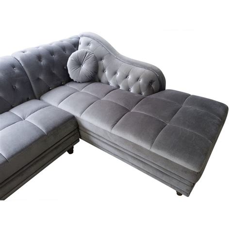 Boutons décoratifs sur le dossier. Canapé d'angle Chesterfield en Velours Gris argent Droit ...
