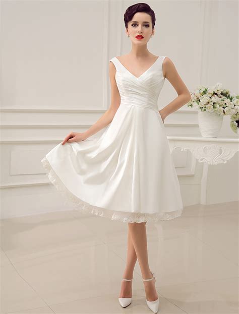 Simple Wedding Dress Ivory Tea Length Backless Pleated Satin Lace Up