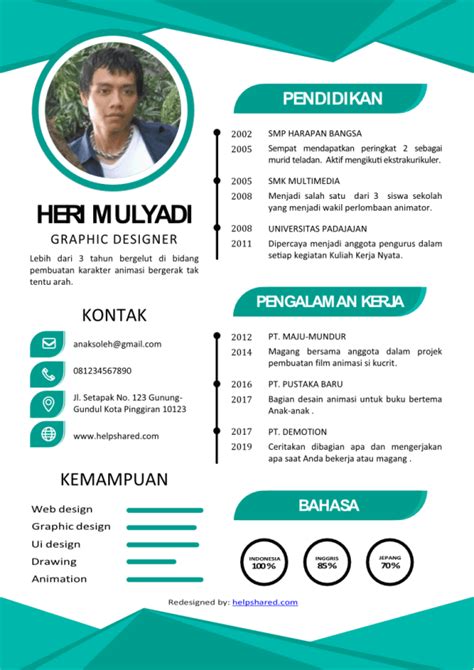 Contoh cv (curriculum vitae) lamaran kerja yang baik dan benar, menggunakan bahasa indonesia dengan format dan desain menarik dalam bentuk file dokumen doc (word) dan pdf yang bisa di. 23+ Contoh CV Untuk Lamaran Kerja yang Baik dan Menarik (LENGKAP) ...