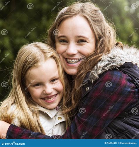 Sister Hug Togetherness Outdoors Girls Concept Stock Image Image Of Girl Bonding 96004447