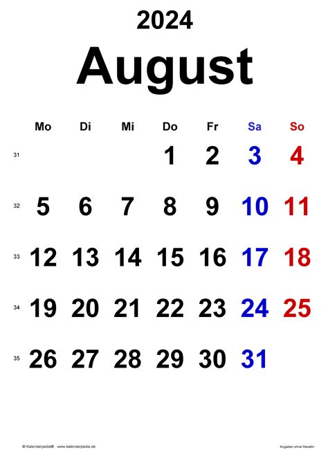 Kalender August 2024 Als Pdf Vorlagen