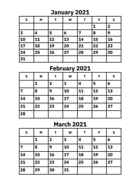 January February And March 2021 Calendar A Printable Calendar