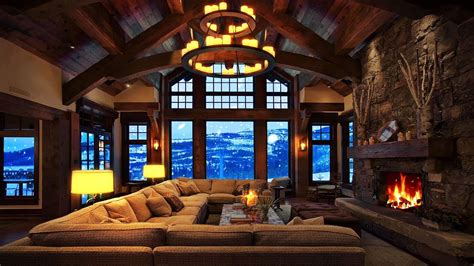 Cozy Ski Lodge Fireplace Winter Ambience Blizzard Snowstorm