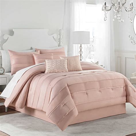 New Matte Satin Pleated Luxury Elegant 7 Piece King Size Comforter Set In Pink Blush With Sleep