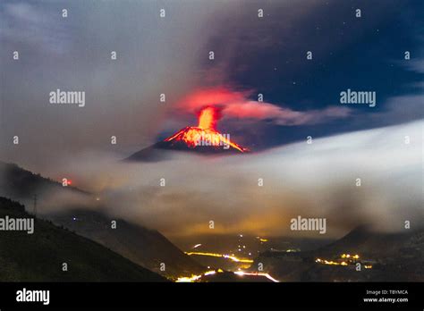 Volcanic Eruption Shown In Tungurahua Volcano With Banos City Stock