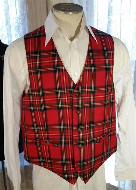 Mens Red Plaid Check Vest Reversible Worsted Wool 46 Long Mexico 5
