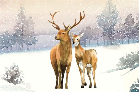 Hand Drawn Pair Of Deer In A Winter Landscape Watercolor Style Vector