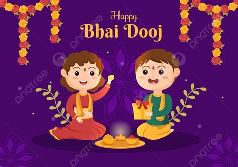 Happy Bhai Dooj Indian Festival Celebration Hand Drawn Cartoon Illustration Of Sisters Pray For