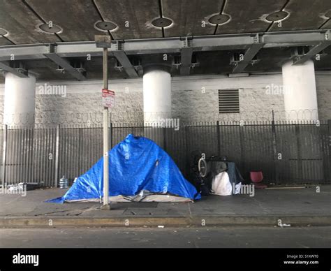 Homeless Persons Tent Covered With Blue Tarpaulin And Pitched Under A