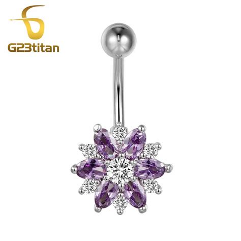 G23titan Purple Rhinestone Flower Navel Piercing Rings For Women 16g Titanium Barbell Silver