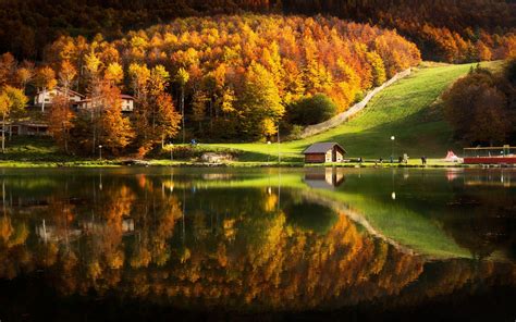 Nature Landscape Lake House Cabin Mountains Forest Fall Water