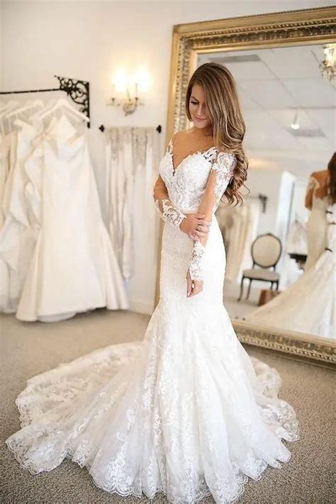 Alexzendra Elegant Mermaid Lace Wedding Dress 2019 Long Sleeves V Neck
