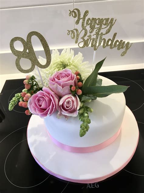 80th Birthday Cake With Fresh Flowers Photo Of A Blue 80th Birthday