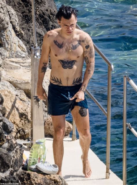 Harry Styles Reveals His Tattooed Chest At An Italian Beach After