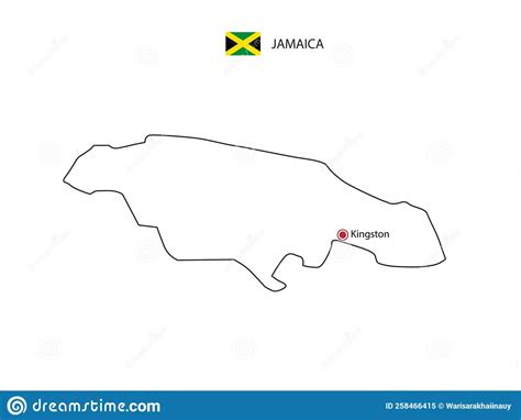 Hand Trekt Dunne Zwarte Lijnvector Van Jamaica Kaart Met Hoofdstad