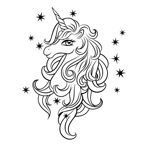 Cabeza De Un Lindo Unicornio Mágico Con Estrellas Contorno Negro De