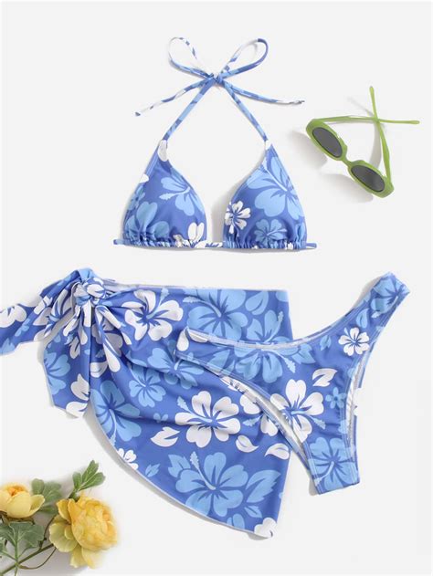 Floral Bikini Set Halter Micro Triangle Bra And Bikini Bottom And Cover Up Skirt 3 Piece Bathing