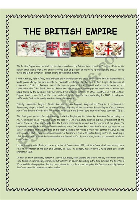The British Empire Esl Worksheet By Petranka
