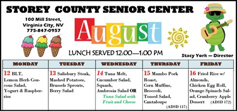Senior Center Menu For August 12 16 The Storey Teller