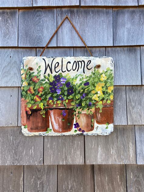 Hand Painted Slate Sign Spring Welcome Sign Front Door Etsy