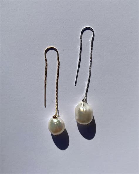 Pearl Threader Earrings Baroque Sterling Silver Or 14k Gold Etsy
