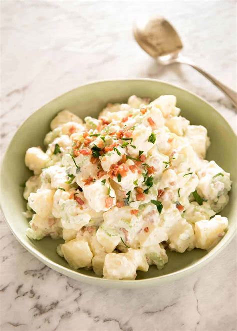 I usually leave the skins on when i make potato salad — i like the spots of color they add to the dish, plus they're thin enough that they're usually quite tender. Mrs Brodie's Bacon Potato Salad - RecipeTin Eats