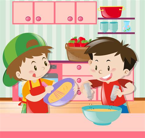 Two Boys Cooking In Kitchen 369954 Vector Art At Vecteezy