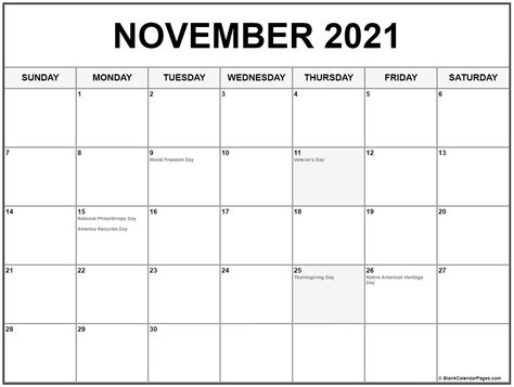 November 2021 Calendar With Holidays 2021 Printable Calendars
