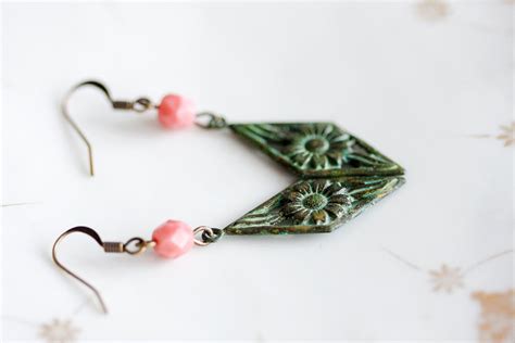 Verdigris Flower Drop Earrings Patina Flower Bohemian Earrings Etsy