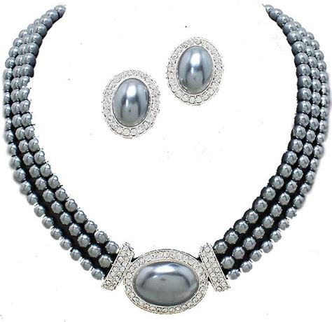 Glitzy Glamour Three Row Grey Pearl Necklace Set With Clip On