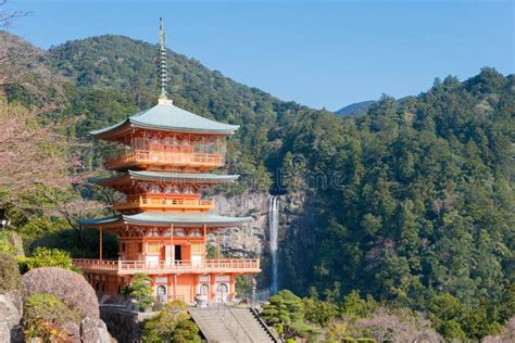 Three Story Pagoda With Nachi Falls At Seigantoji Temple In