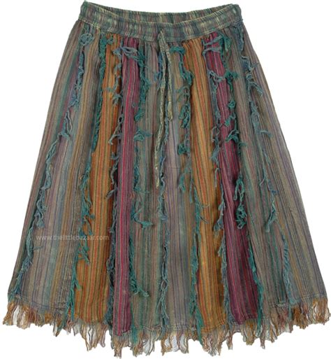 Earthen Tone Short Knee Length Gypsy Skirt With Fringes Short Skirts
