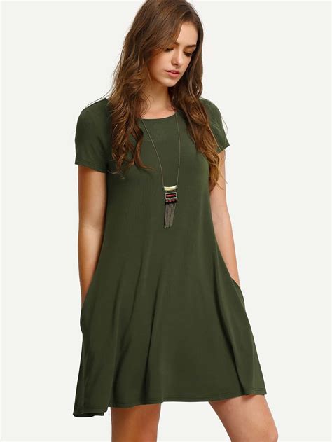 Army Green Short Sleeve Casual Shift Dress Emmacloth Women Fast Fashion
