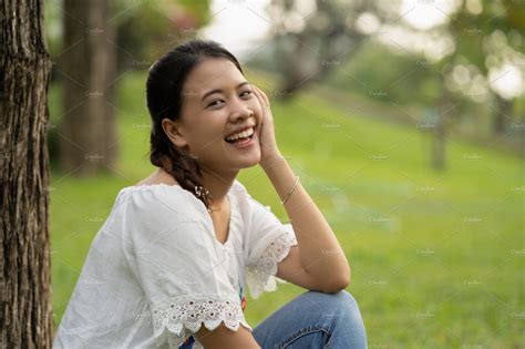Happy Asian Woman In The Garden High Quality People Images ~ Creative