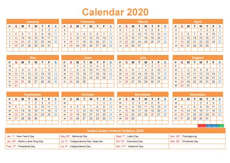 2020 Calendar With Holidays Printable Word Pdf Free Printable 2020