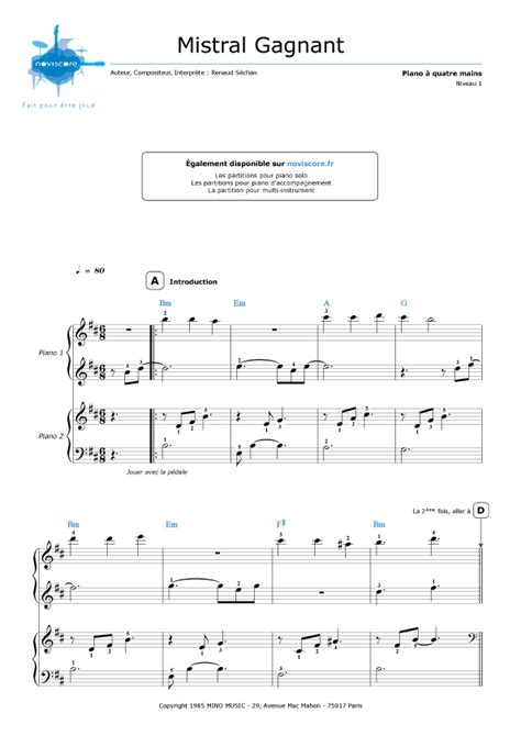 Partition Piano 4 Mains Mistral Gagnant Renaud Partitions Noviscore
