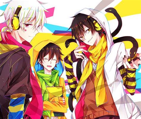 Three Anime Characters Standing Next To Each Other In Front Of Colorful