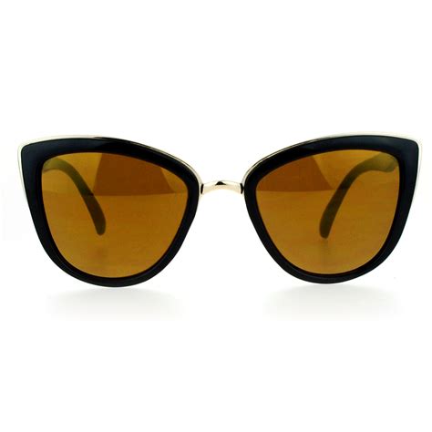Sa106 Oversize Metal Brow Trim Cat Eye Sunglasses Black Gold