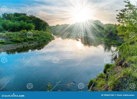Sunset Over River Stock Photo Image Of Reflection Silhouette 95862184