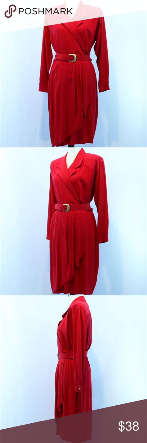 Vintage Liz Claiborne Red Silk Belted Wrap Dress Belted Wrap Dress