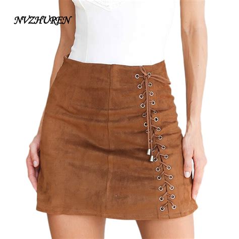 Nvzhuren Khaki Lace Up Suede Leather Skirts Sexy Short Mini Skirt High Waist Autumn Winter Women