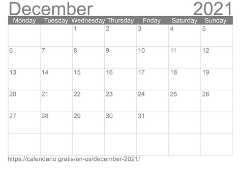 Calendar December 2021 From United States Of America In English ☑️