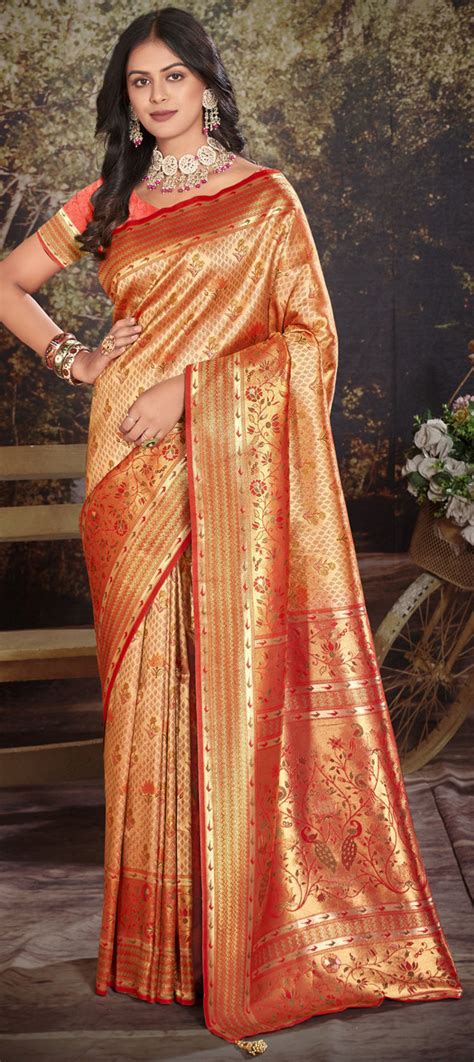 Festive Traditional Beige And Brown Orange Color Kanjeevaram Silk Fabric Saree 1918824