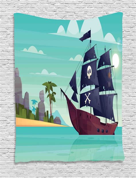 Blue Nautical Tapestry Graphic Image Of A Pirate Ship On Water Near An
