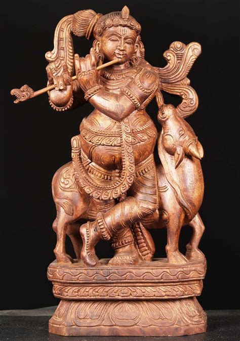 Sold Wood Krishna Statue With Cow 24 Krishna Statue Statue Indian