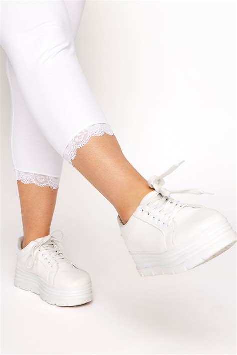 White Cotton Essential Cropped Leggings With Lace Detail Plus Size 16 To 32 Yours Clothing